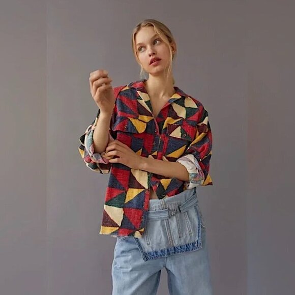 BDG by Urban Outfitters Brody Geometric Print Flannel Button Up Shirt Shacket - Picture 5 of 15